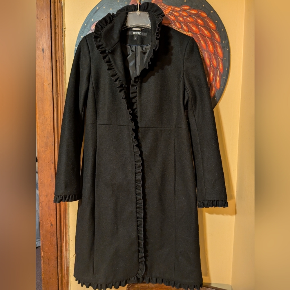 DKNY Black Ruffle Trim Trench Coat